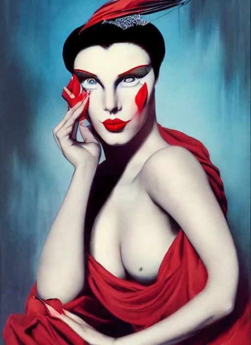 Image similar to an 8 0 s portrait of a woman with dark eye - shadow and red lips with dark slicked back hair dreaming acid - fueled hallucinations by serge lutens, rolf armstrong, delphin enjolras, peter elson, red cloth background