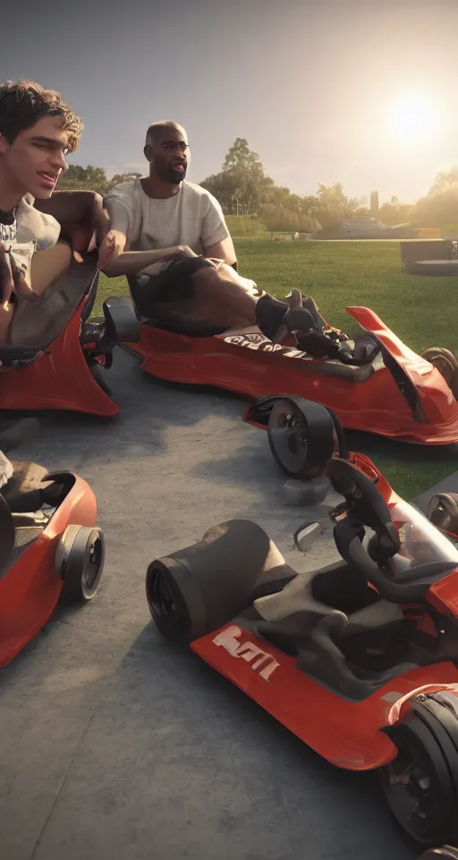 Image similar to pete a davidson and kanye west lovingly share a go kart, hdr, 8 k, bokeh, photorealistic, hyperrealistic, volumetric lighting, octane render