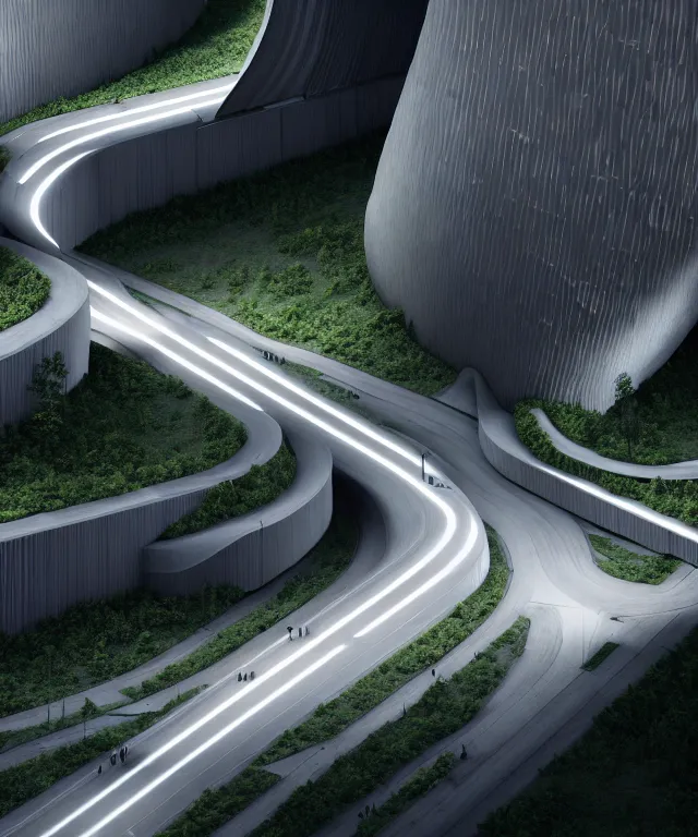 Image similar to denis villeneuve establishing shot of modern bjarke ingels condo building and gotthard tunnel entrance combined, roads tunnel under bjarke ingels condo building, lush nature environment, beautiful lighting, scifi artstation digital concept art, unreal engine, hyper realism, realistic shading, cinematic composition, blender render, octane render, wide shot