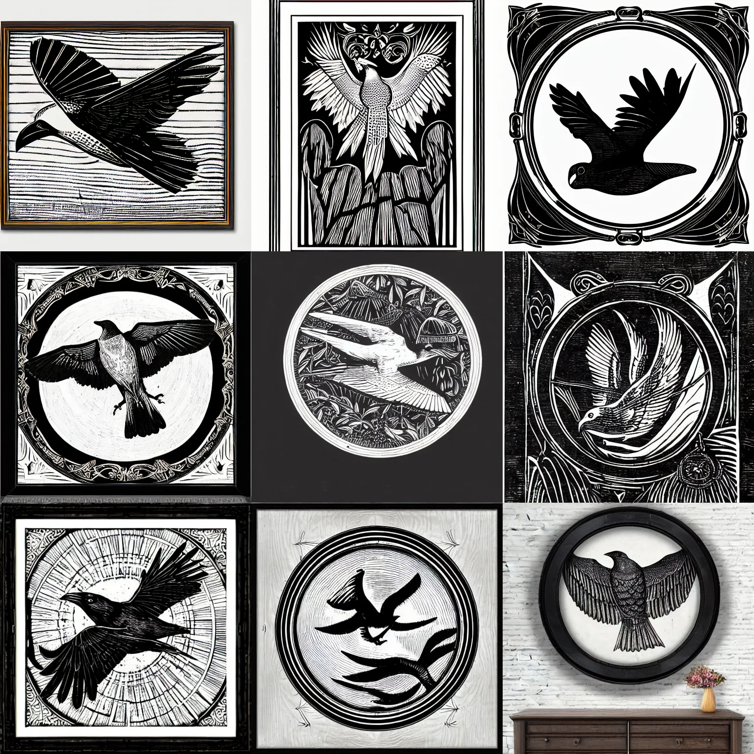 Prompt: baroque art deco woodcut of flying crow, monochrome, in circular frame