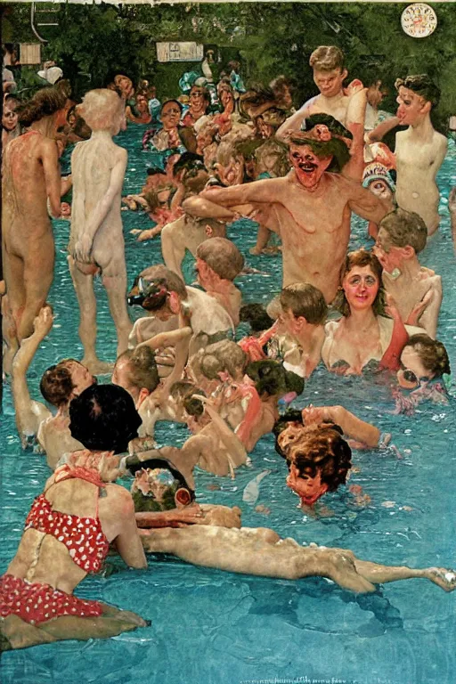 Image similar to summer swimming party, body horror, Norman Rockwell