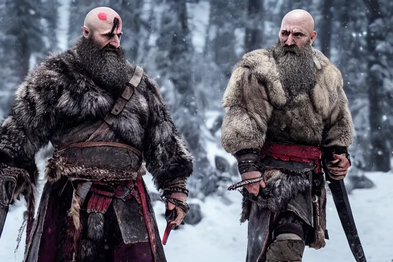 Image similar to vfx movie tough bald man in furs, natural grizzled skin, streaks of red face paint grey beard, dual wielding detailed viking war axes, in snowy tahoe, god of war by emmanuel lubezki