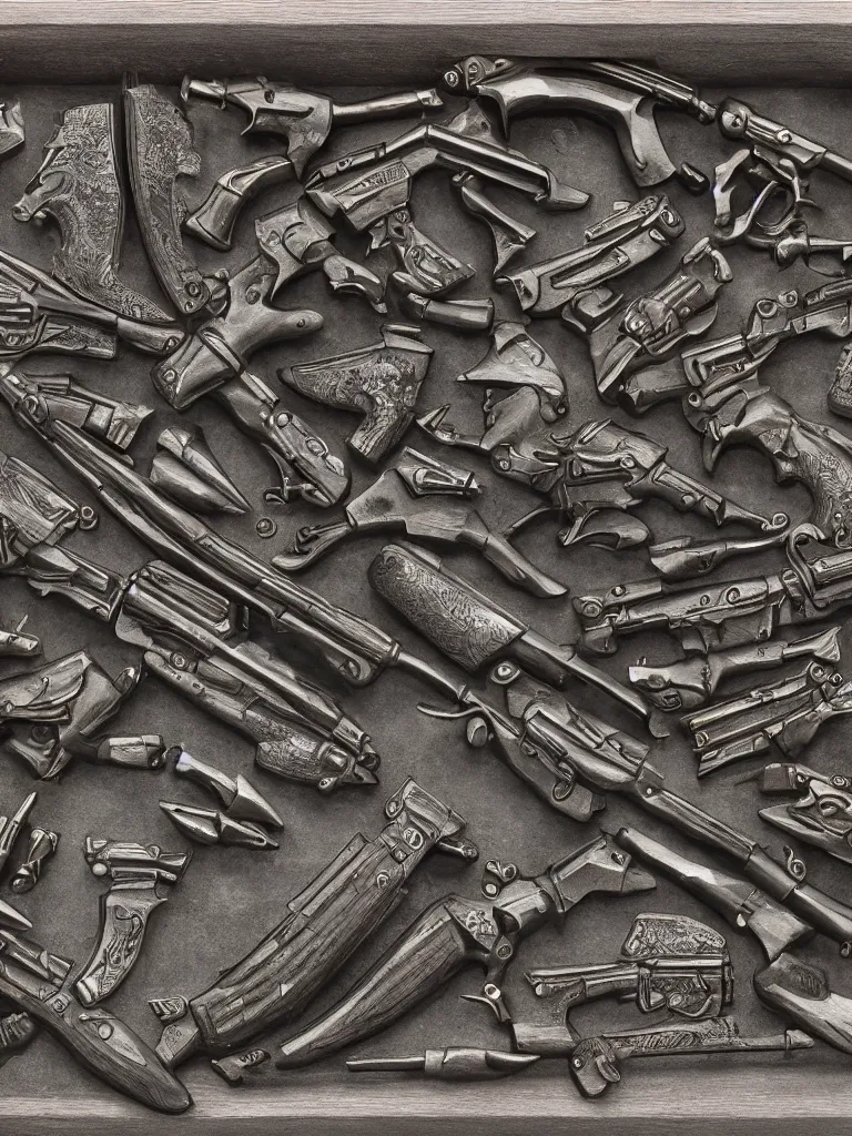 Image similar to carving in old worn black granite of machine guns shotguns rifles revolvers bullets, magazine cover, ultrarealistic, intricate details, 4k