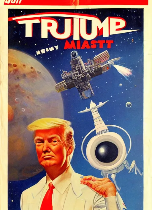 Prompt: 5 0 s sci fi pulp magazine cover of donald trump astronaut on mars holding a ray gun by norman rockwell, by drew struzan, high res