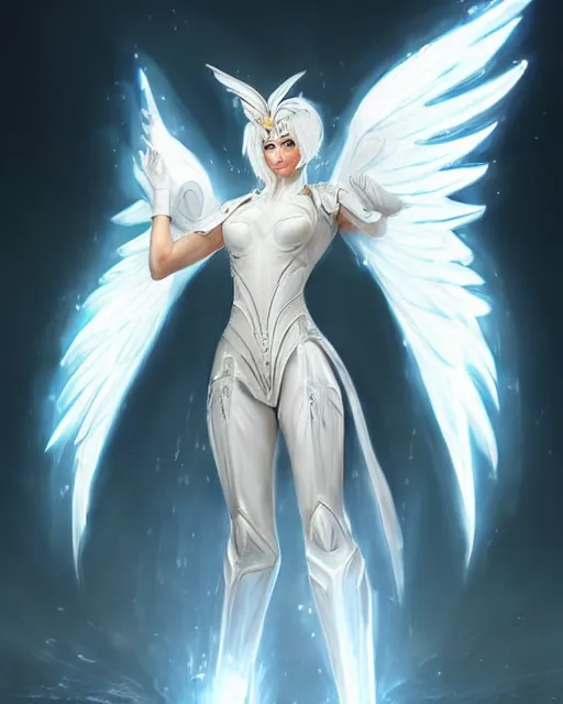 Prompt: perfect white haired attractive egyptian goddess with huge white dove wings, warframe armor, beautiful, symmetric, dreamy, half asian, pretty face, blue eyes, detailed, scifi platform, laboratory, experiment, 4 k, ultra realistic, epic lighting, android body, illuminated, cinematic, masterpiece, art by akihito tsukushi, voidstar, livia prima