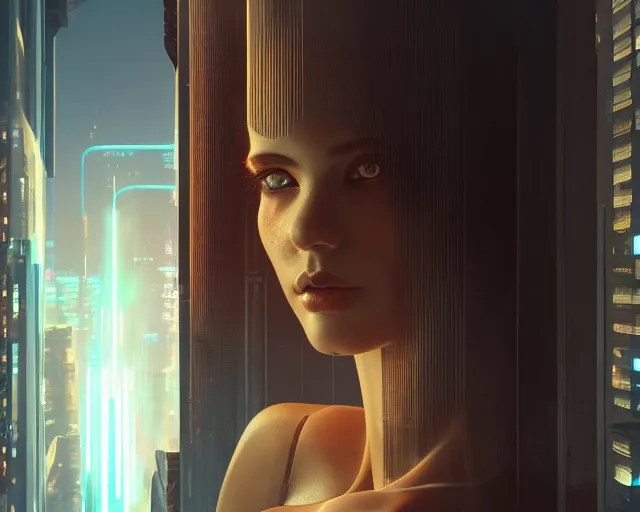 Prompt: 5 5 mm portrait photo of a beautiful young woman looking from a balcony. futuristic atmosphere. cyberpunk city. art by greg rutkowski. highly detailed 8 k. intricate. lifelike. soft light. nikon d 8 5 0.