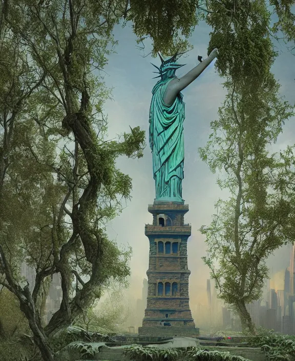 Image similar to highly detailed digital matte painting of a Lady Liberty statue covered in leaves and nature with overgrowth Full shot. By Raphael LaCoste and Ruan Jia and Robert McCall, postcyberpunk, geodesic dome, hyperdetailed, sunrise, wide shot, autochrome, octane render