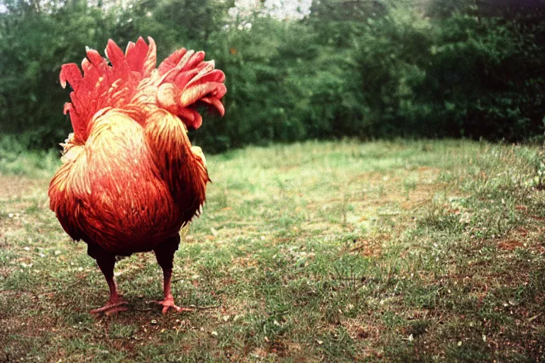 Prompt: a photo of a giant mutant rooster ham in its natural habitat, kodak ektachrome e 1 0 0 photography