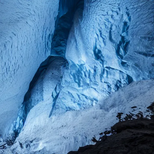 Image similar to deep dark glacier cave, faint blue glow,