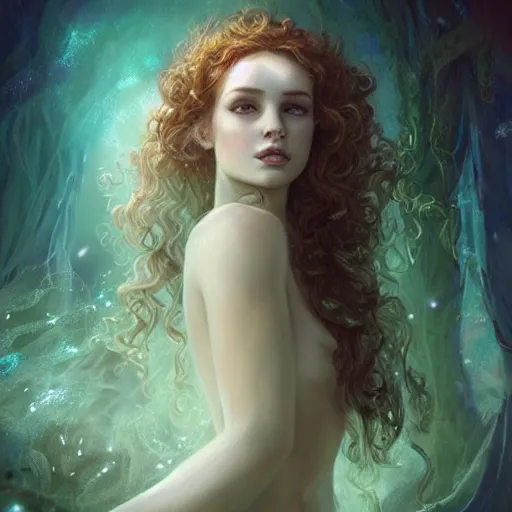 Image similar to beautiful mermaid with curly hair, magical details, magical atmosphere, digital art, concept art, devianart, cinematic lighting, hyper - detailed, cgsociety, 3 - d 8 k, high resolution, in the style of charlie bowater, tom bagshaw, alexis franklin, elena masci, pawel rebisz