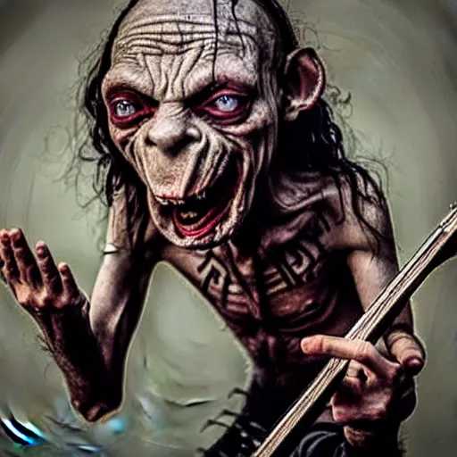 Prompt: Gollum screaming on rock concert , black metal band artist