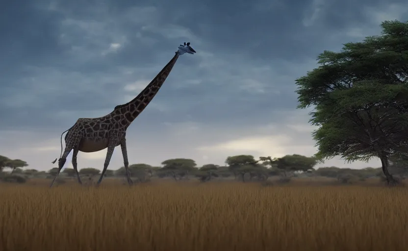 Prompt: the child of a blue whale and a giraffe, landscape of savanna, 4k, octane render, photorealistic, hyperrealism