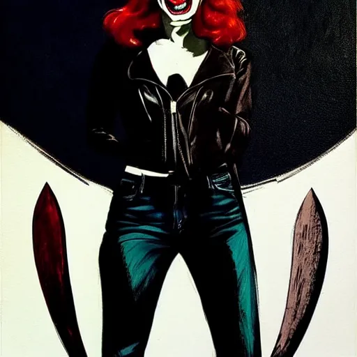 Image similar to Rafael Albuquerque art, Norman Rockwell, pretty Margot Robbie vampire sharp teeth evil smile, 5 long sharp fingers, symmetrical face symmetrical eyes, leather jacket, jeans