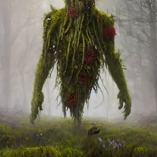Image similar to a beautiful terrifying monster made out of moss and flowers. ethereal horror fantasy art by greg rutkowski