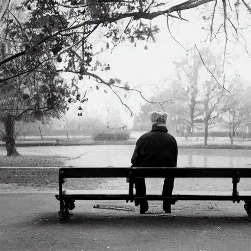 Prompt: an old photo of a man sitting on a park bench arguing with a duck