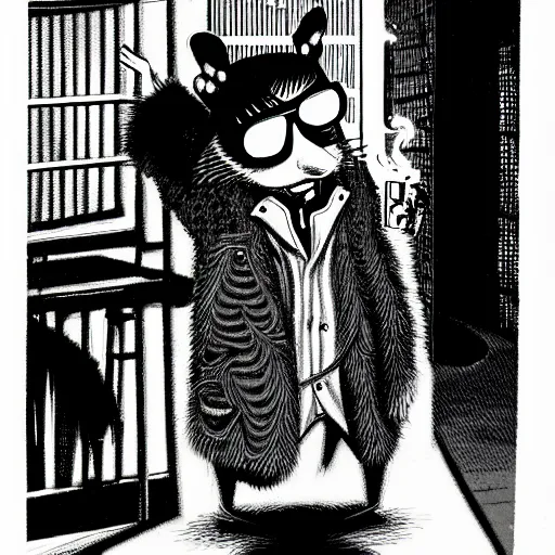 Prompt: an anthropomorphic gangster rat, by akihito yoshida, smoking a cigar, wearing sunglasses, wearing a luxury fur coat, at night time in an alleyway