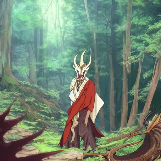 Image similar to concept art painting of an anthropomorphic dragon king with robes, a long dragon neck, and horned skull mask, in a deep forest, anime style, cel shaded, in the style of makoto shinkai and james gurney and studio ghibli and moebius