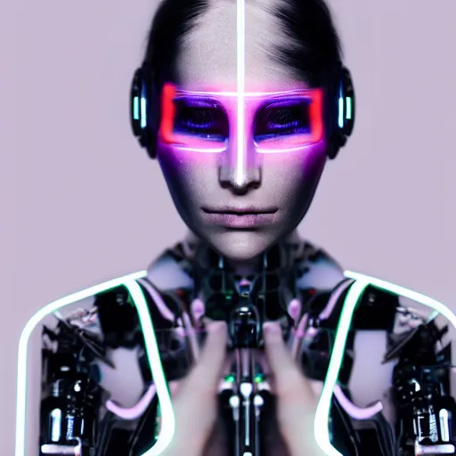 Image similar to a portrait of a female cyborg, fashion, streak lights, ligjt trail, color gel, photogtaphy, canon r 5, glowing, white background, 3 d render, unreal engine, white body suit, futuristic