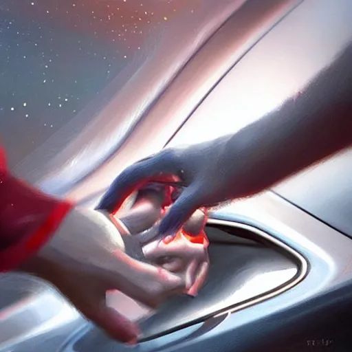 Image similar to ultra - close - up of child's hand attaching a star - shaped sticker to the surface of a car, digital art by ruan jia and mandy jurgens and artgerm, highly detailed, trending on artstation, award winning