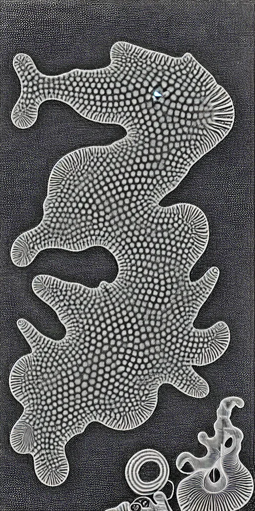 Prompt: a black and white drawing of a variety of sea life, a microscopic photo by ernst haeckel, zbrush central, kinetic pointillism, bioluminescence, intricate patterns, photoillustration