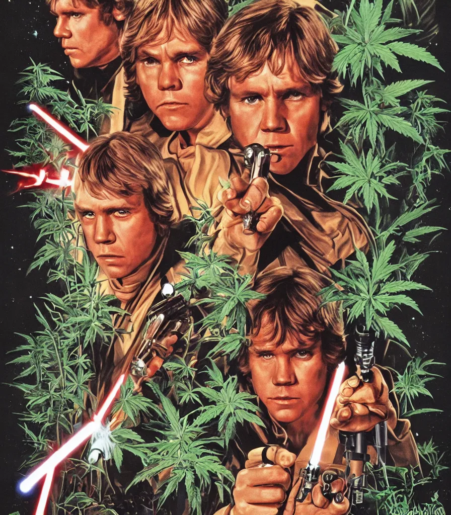 Image similar to vintage 1 9 7 7 star wars episode iv a new hope movie poster, of luke skywalker with bloodshot eyes smoking a huge blunt, surrounded by cannabis plants