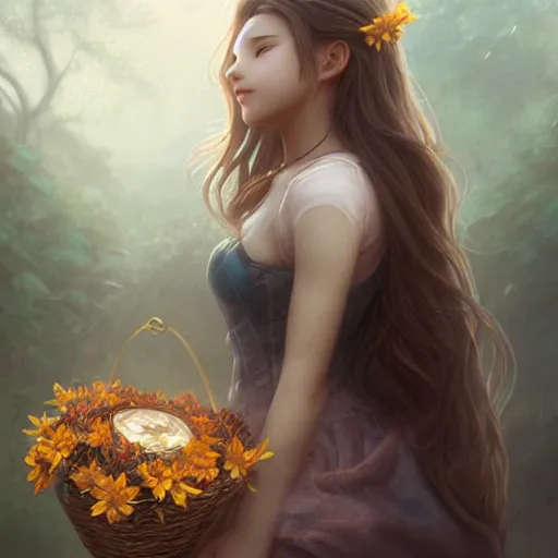 Image similar to Beautiful riveting aesthetically pleasing Aerith Gainsborough holding a flower basket portrait, face centered portrait, Confident, fog, rain, volumetric lighting, beautiful, golden hour, sharp focus, ultra detailed, conceptartworld by Leesha Hannigan, Ross Tran, Thierry Doizon, Kai Carpenter, Ignacio Fernández Ríos