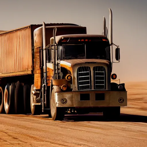 Prompt: ups feeder tractor trailer truck in mad max : fury road, midday light, 2 8 mm lens, dust storm,