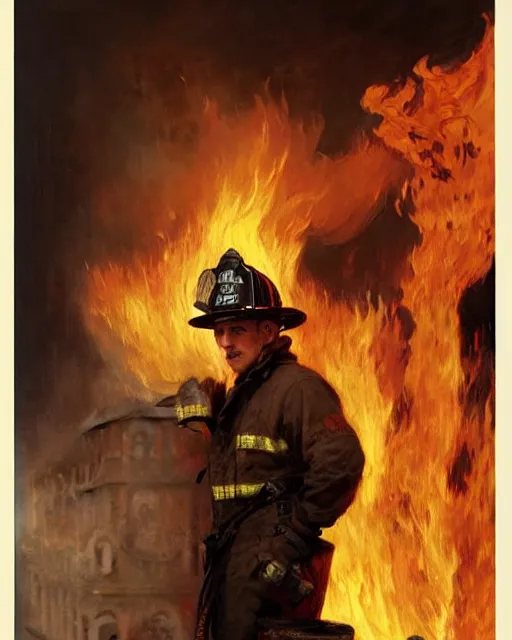 Image similar to tom hardy as a firefighter at a burning nyc building, smoke and flames, painting by gaston bussiere, craig mullins, j. c. leyendecker