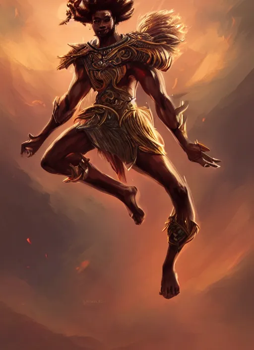 Image similar to a highly detailed illustration of attractive young african fire god with tall hair, heroic kicking pose, intricate, elegant, highly detailed, centered, digital painting, artstation, concept art, smooth, sharp focus, league of legends concept art, wlop