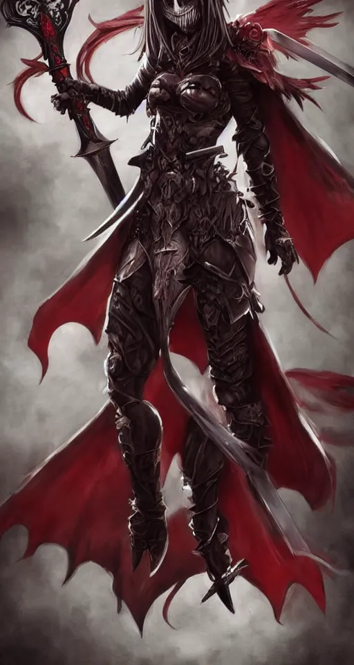 Image similar to dnd art, female vampire knight, barefoot, black full plate armor, historical armor, realistic armor, full body, monstrous mask, giant two - handed sword dripping blood, red wings, grinning, no shoes, black nail polish, realistic, pathfinder, flying.