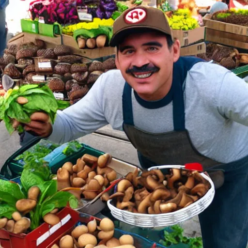 Prompt: mario selling mushrooms in a farmers market