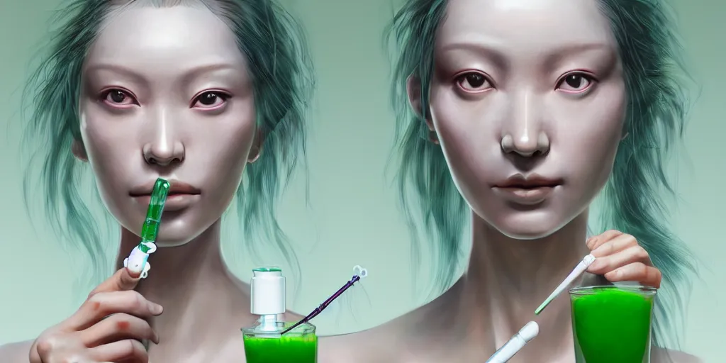 Image similar to hyperrealistic photography of a gorgeous female doctor holding a syringe containing green liquid in the style of jin kagetsu, james jean, chris cunninham, hans bellmer and wlop, highly detailed, face symmetry, masterpiece, award - winning, sharp focus, intricate concept art, ambient lighting, 8 k, artstation