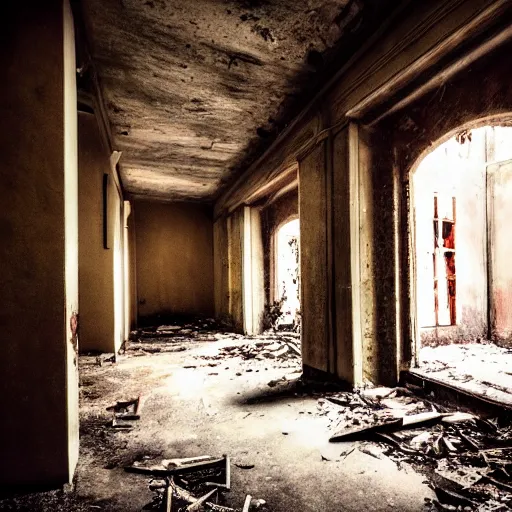 Image similar to abandoned places with a red umbrella, cinematic light,