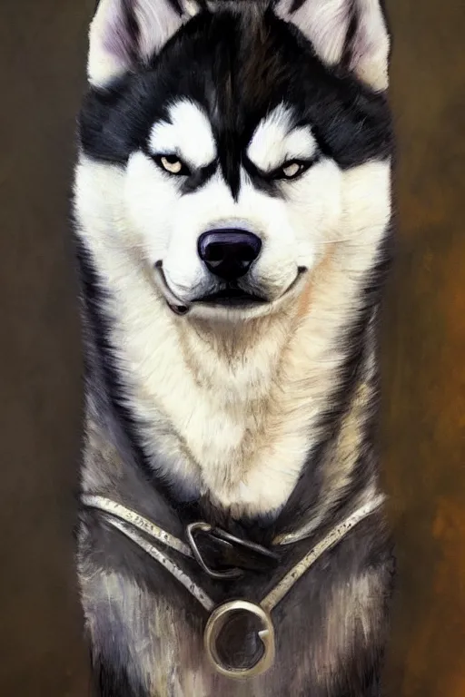 Image similar to a portrait painting of a husky in cowboy costume in the style of anime, character design, a fistful of dollars, per un pugno di dollari, treniding on artstation