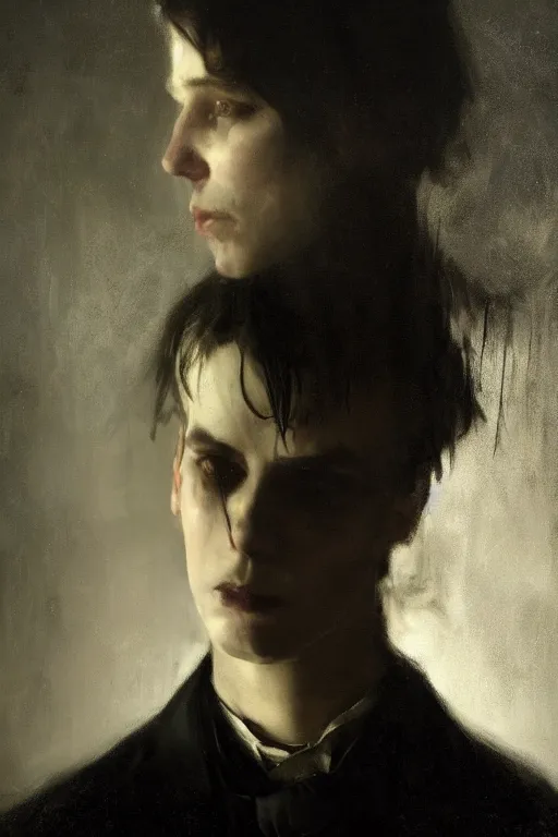 Image similar to detailed cinematic moody colors studio portrait of a possesed young victorian gentleman being controlled like a puppet, creepy evil vibe, high quality by jeremy mann, only one head single portrait