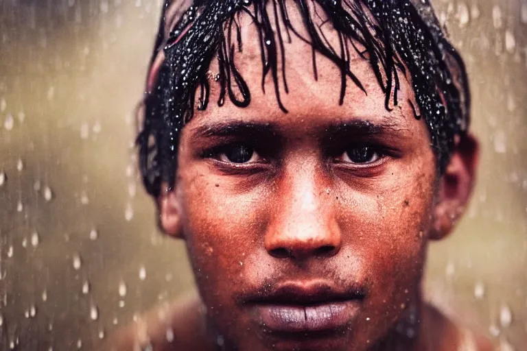 Image similar to a closeup cinematic!! headshot photograph!! of a beautiful young homeless war veteran, stood in a tunnel, rain, dirt, film still, cinematic lighting, by bill henson