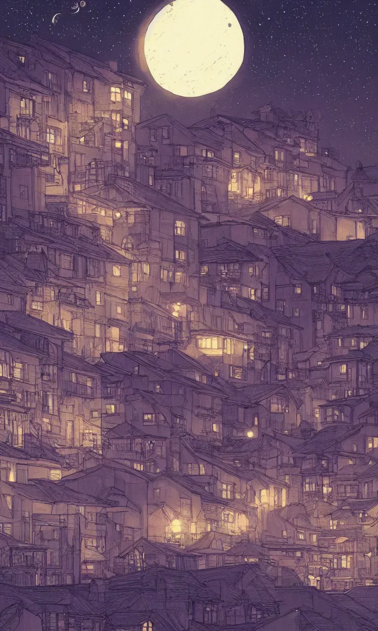 Image similar to a serene painting of a town at night, the moon and stars, by laurie greasley, artstation, studio ghibli color scheme