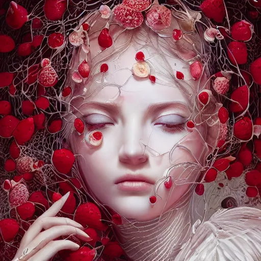 Image similar to the portrait of an absurdly beautiful, graceful, elegant, sophisticated, fashionable young woman made of strawberries and white petals looking down, an ultrafine hyperdetailed illustration by kim jung gi, irakli nadar, intricate linework, bright colors, octopath traveler, final fantasy, unreal engine 5 highly rendered, global illumination, radiant light, detailed and intricate environment