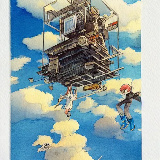 Image similar to sky fortress laputa hayao miyazaki flying high in the sky, watercolor illustration for a book