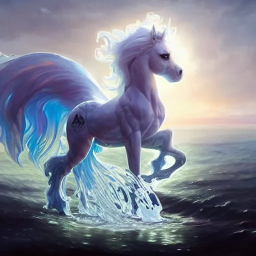 Image similar to a fantastical translucent poney made of water and foam, ethereal, radiant, hyperalism, scottish folklore, digital painting, artstation, concept art, smooth, 8 k frostbite 3 engine, ultra detailed, art by artgerm and greg rutkowski and magali villeneuve