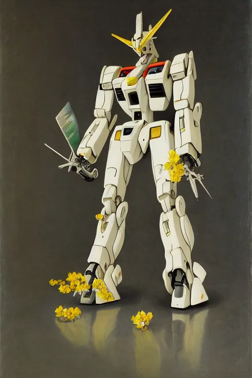 Prompt: a elegant gundam robot with fluo color detail, and muted arm colors, on top of dutch master painting of exotic plastic flowers