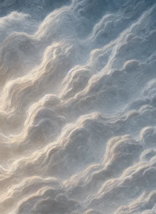 Image similar to high intricate melting tremella - fuciformis formed clouds over an ocean surface, maria panfilova, andrea savchenko, mike kime, ludovic plouffe, qi sheng luo, oliver cook, makoto shinkai, trending on artstation