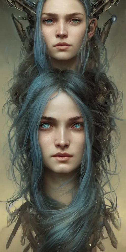 Image similar to portrait of a young ruggedly beautiful but joyful cyborg, female, femenine, upper body, aquamarine color hair, long hair, d & d, fantasy, piercing eyes, intricate, elegant, highly detailed, digital painting, artstation, concept art, matte, sharp focus, illustration, art by artgerm and greg rutkowski and alphonse mucha