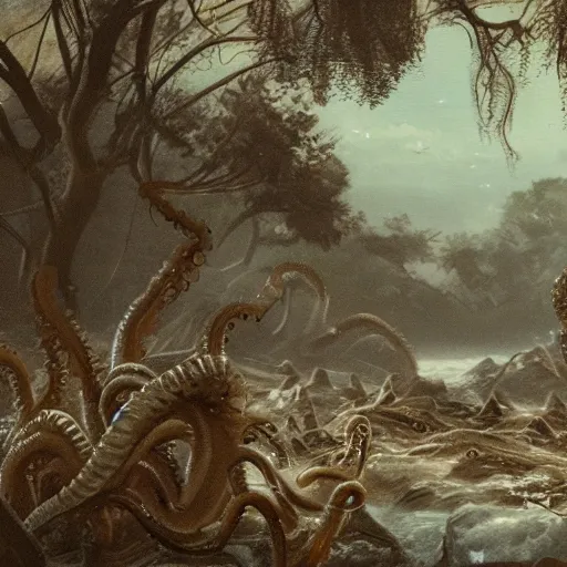 Image similar to a cinematic painting of alien tentacles emerging from the water of a river, hoards of people are gathering around the riverbed, wind blowing the leaves from the trees