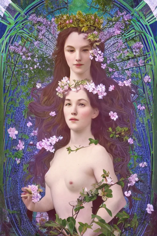 Image similar to a goddess of magnolias, queen of the garden!!, meditating in nature!!!! with a beautiful symmetrical face!!! cinematic lightning, isolated, studio lighting by alphonse mucha and tom bagshaw