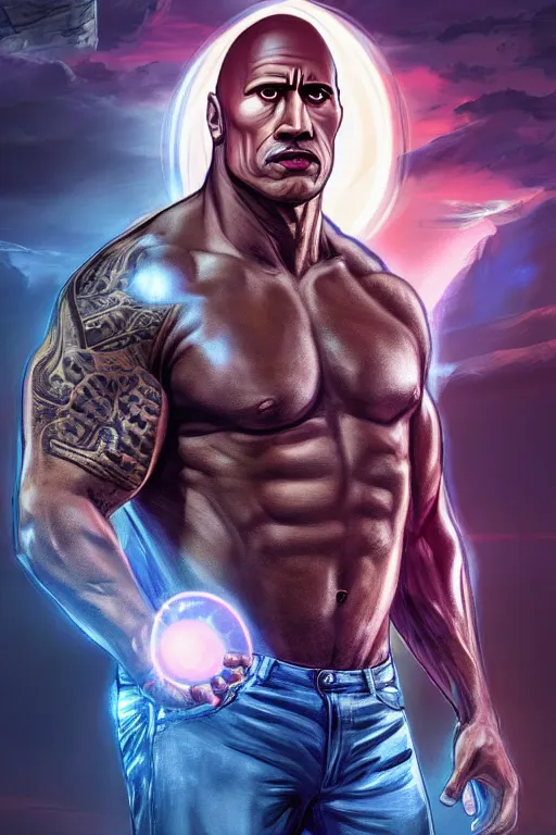 Prompt: ((((((GTA Cover art)))))): Extraterrestrial Dwayne the Rock Johnson Soul Redeemer, massive supercivilizational-being, Hyper-detailed cybernetic Obama-God, ArtStation, 4k, epic, phenomenally aesthetic, bright, rich and gaudily
