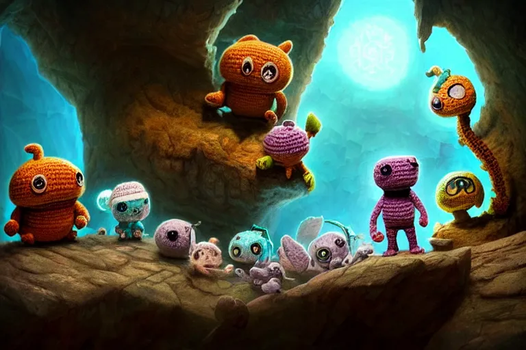 Image similar to a tattoo of an expedition of crochet cute monsters discovering a new cave underground. cute, illustration, digital art, inspired by little big planet, by greg rutkowski, detailed, sharp, masterpiece, highly detailed, photorealistic, octane render, 8 k, unreal engine 5, trending on artstation, vivid colors