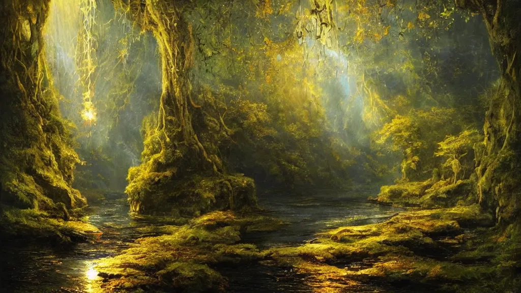 Image similar to A beautiful, highly detailed, very realistic oil painting of a single tree with lots of golden and bright glowing green leaves, next to a small river made of pure gold in the middle of a huge, very dark cave, with lots of dark grey rocks, oil painting by Greg Rutkowski.