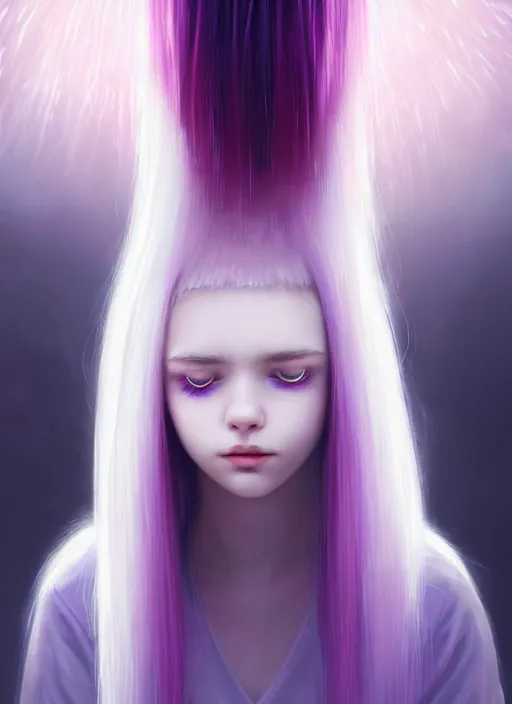 Image similar to hair whitebangs hair, black hair, whitebangs, portrait of teenage girl with white bangs, red irises, purple clothes, white bangs, bangs are different color from hair, intricate, elegant, glowing lights, highly detailed, digital painting, artstation, concept art, smooth, sharp focus, illustration, art by wlop, mars ravelo and greg rutkowski