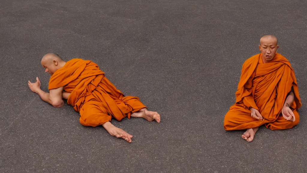 Prompt: a monk meditating on the floor